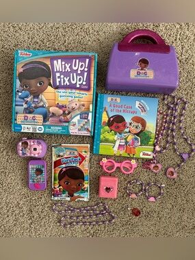 Disney Junior Doc McStuffins Mix Up Fix Up game, book (no DVD), jewelry, toys